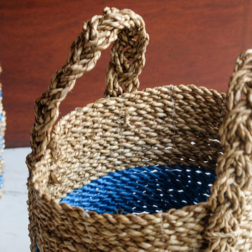 Handwoven Basket Round - Blue & Tan 4
