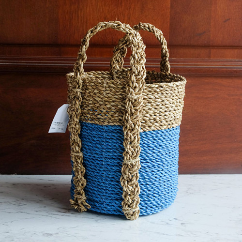 Handwoven Basket Round - Blue & Tan 2