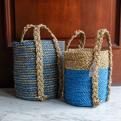 Handwoven Basket Round - Blue & Tan 5