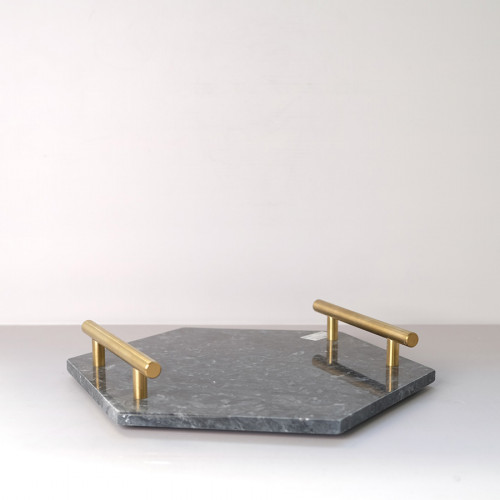 Hexagon Marble Platter Gold Handle 11.6"