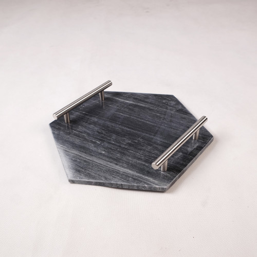 Hexagon Marble Platter Silver Handle 11.6"