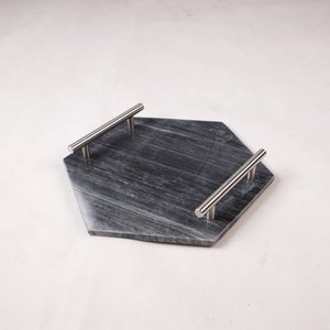 Hexagon Marble Platter Silver Handle 11.6"