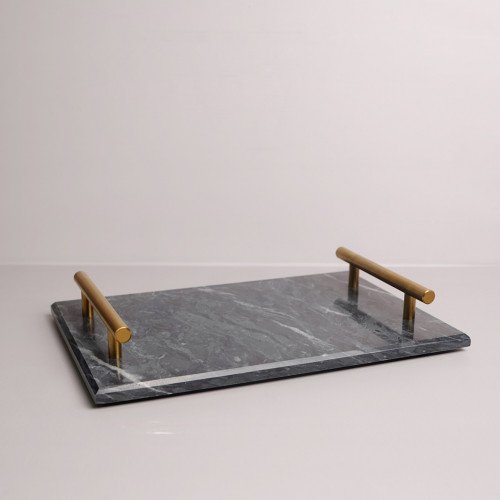Rectangular Marble Platter Black with Gold Handle 11.6"
