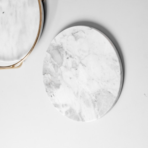 Round Marble Tray with Gold Handle - White 25.3 cm