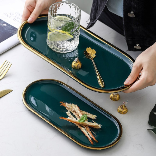 Gold-Rimmed Oval Display Tray Green